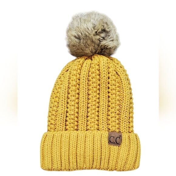C.C Mustard Yellow Cableknit Beanie Hat - Picture 1 of 3